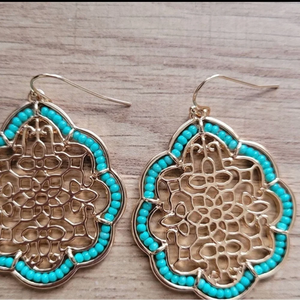 Floral Demask Gold Earrings,Statement Earrings, Filigree, Teal Beaded Earrings, - Picture 3 of 5